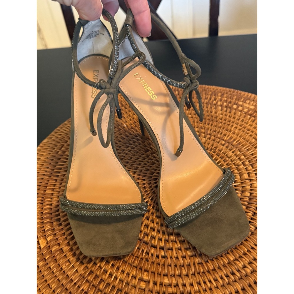 Express Olive Green Rhinestone Square Toe Lace Up Stiletto Heels tSize 8